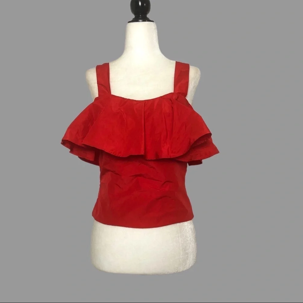 💛 4 💛 NWT Anthro Taffeta Ruffled Bib Side Zip Red Tank Twist Back Cutout - Picture 1 of 6